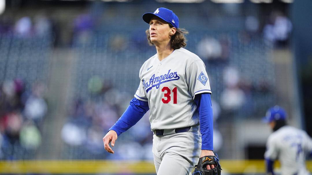 Apr 17, 2026; Denver, Colorado, USA; Los Angeles Dodgers starting pitcher Tyler Glasnow (31) walks off the mound in the first inning against the Colorado Rockies at Coors Field. Mandatory Credit: Ron Chenoy-Imagn Images