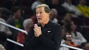 Dec 4, 2024; Los Angeles, California, USA; Oregon Ducks head coach Dana Altman reacts in the second half against the Southern California Trojans at Galen Center. Mandatory Credit: Kirby Lee-Imagn Images