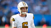Nov 9, 2025; Charlotte, North Carolina, USA;  New Orleans Saints quarterback Tyler Shough (6) looks on during the second quarter against the Carolina Panthers at Bank of America Stadium. Mandatory Credit: Jim Dedmon-Imagn Images