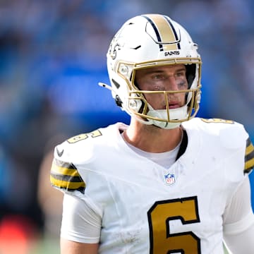 Nov 9, 2025; Charlotte, North Carolina, USA;  New Orleans Saints quarterback Tyler Shough (6) looks on during the second quarter against the Carolina Panthers at Bank of America Stadium. Mandatory Credit: Jim Dedmon-Imagn Images