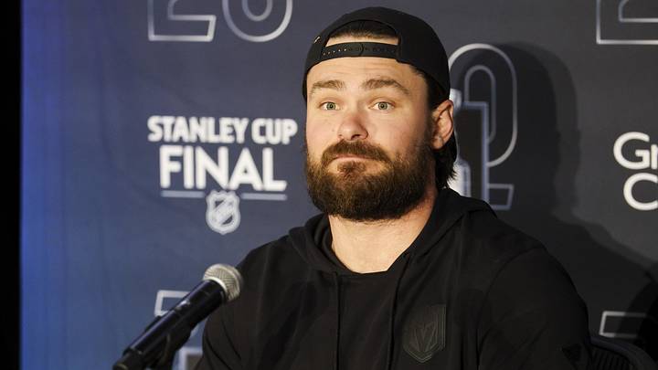 Jun 3, 2026; Raleigh, North Carolina, USA; Vegas Golden Knights defenseman Rasmus Andersson (4) during a press conference for the 2026 Stanley Cup Final at Lenovo Center. Mandatory Credit: Nathan Ray Seebeck-Imagn Images