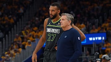 May 10, 2025; San Francisco, California, USA; Minnesota Timberwolves center Rudy Gobert (27) talks with Minnesota Timberwolves head coach Chris Finch in the second quarter against the Golden State Warriors during game three in the second round of the 2025 NBA Playoffs at Chase Center. Mandatory Credit: David Gonzales-Imagn Images
