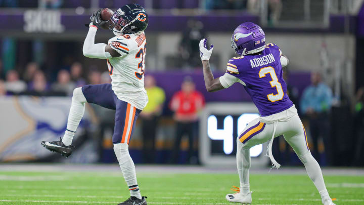 aylon Johnson picks off a pass intended for Jordan Addison in the Bears' 12-10 2023 win over the Vikings.