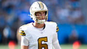 Nov 9, 2025; Charlotte, North Carolina, USA;  New Orleans Saints quarterback Tyler Shough (6) looks on during the second quarter against the Carolina Panthers at Bank of America Stadium. Mandatory Credit: Jim Dedmon-Imagn Images