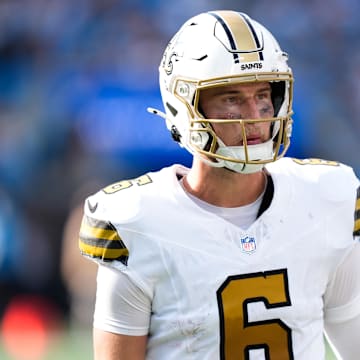 Nov 9, 2025; Charlotte, North Carolina, USA;  New Orleans Saints quarterback Tyler Shough (6) looks on during the second quarter against the Carolina Panthers at Bank of America Stadium. Mandatory Credit: Jim Dedmon-Imagn Images