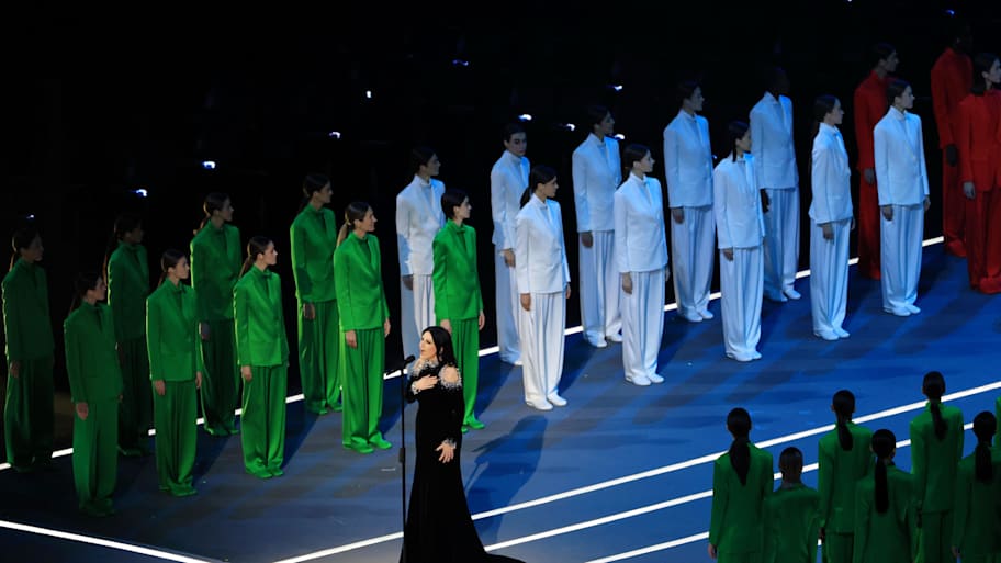 Laura Pausini sings the national anthem of Italy during the Opening Ceremony for the Milano Cortina 2026 Olympic Winter Games