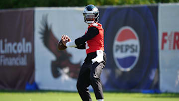 Jul 23, 2025; Philadelphia, PA, USA; Philadelphia Eagles quarterback Jalen Hurts (1) runs a practice drill during training camp at NovaCare Complex. Mandatory Credit: Kyle Ross-Imagn Images