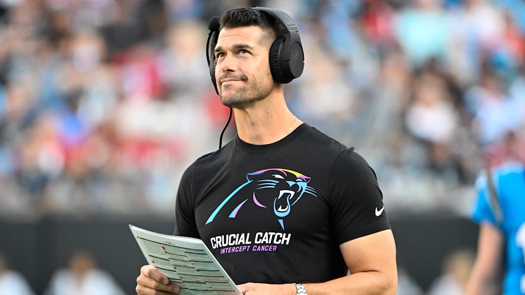 Oct 13, 2024; Charlotte, North Carolina, USA; Carolina Panthers head coach Dave Canales on the sidelines in the second quarter at Bank of America Stadium.