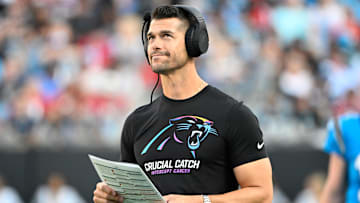 Oct 13, 2024; Charlotte, North Carolina, USA; Carolina Panthers head coach Dave Canales on the sidelines in the second quarter at Bank of America Stadium.
