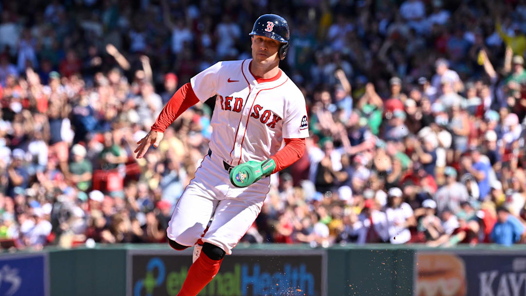 Aug 31, 2025; Boston, Massachusetts, USA; Boston Red Sox third baseman Alex Bregman (2) rounds the bases to score on a two run home run by left fielder Jarren Duran (16) (not pictured) during the fifth inning against the Pittsburgh Pirates at Fenway Park. Mandatory Credit: Eric Canha-Imagn Images
