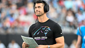  Carolina Panthers head coach Dave Canales on the sidelines in the second quarter at Bank of America Stadium.