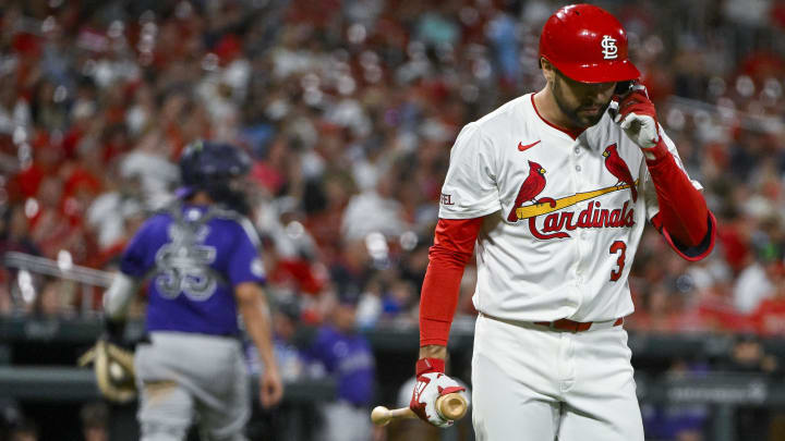Jun 6, 2024; St. Louis, Missouri, USA;  St. Louis Cardinals pinch hitter Dylan Carlson (3) walks back to the dugout after striking out against the Colorado Rockies during the eighth inning at Busch Stadium. Mandatory Credit: Jeff Curry-USA TODAY Sports