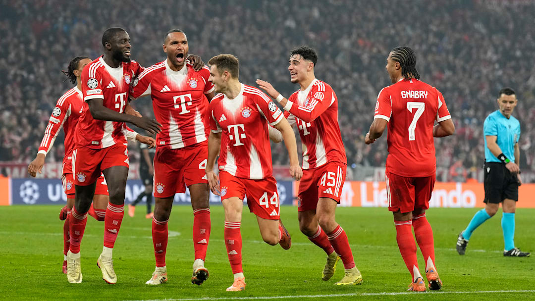 Bayern Munich players celebrating a goal against Sporting CP in the Champions League. Bayern Munich players celebrating a goal against Sporting CP in the Champions League.