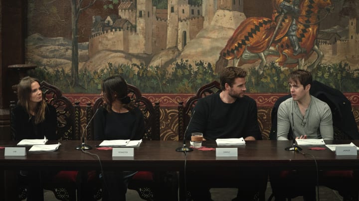 (L-R) Freya Allan, Anya Chalotra, Liam Hemsworth, and Joey Batey at The Witcher season 4 table read, shared by Netflix
