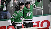 Dallas Stars center Wyatt Johnston and center Matt Duchene celebrates the game winning goal scored by Johnston.