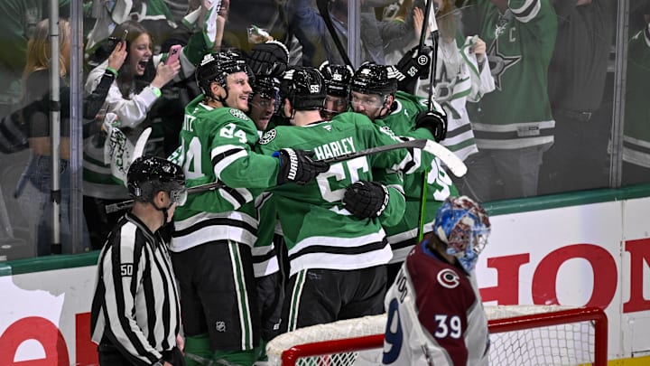 May 3, 2025; Dallas, Texas, USA; Dallas Stars center Wyatt Johnston (53) and center Matt Duchene (95) and center Roope Hintz (24) and right wing Mikko Rantanen (96) and center Matt Duchene (95) celebrates the game winning goal scored by Johnston during the game between the Dallas Stars and the Colorado Avalanche in game seven of the first round of the 2025 Stanley Cup Playoffs at American Airlines Center. Mandatory Credit: Jerome Miron-Imagn Images