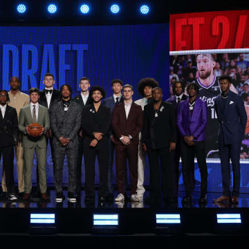 Jun 26, 2024; Brooklyn, NY, USA; The 2024 NBA draft class poses for photos before the first round of the 2024 NBA Draft at Barclays Center. Mandatory Credit: Brad Penner-USA TODAY Sports