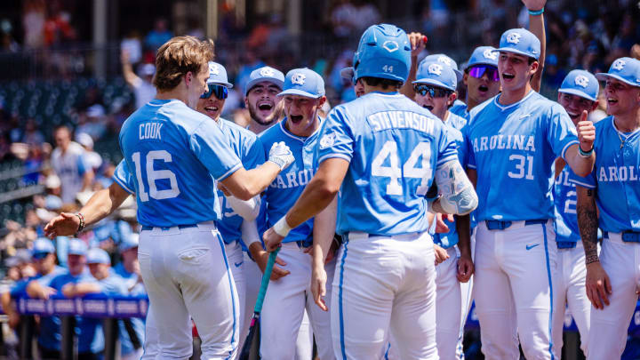 May 23, 2024; Charlotte, NC, USA; North Carolina Tar Heels outfielder Casey Cook (16) celebrates a solo home run during the first inning against the Pittsburgh Panthers during the ACC Baseball Tournament at Truist Field. Mandatory Credit: Scott Kinser-USA TODAY Sports