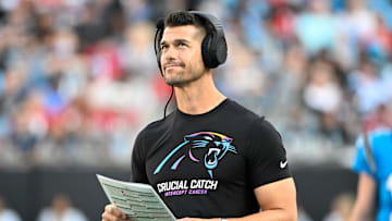 Oct 13, 2024; Charlotte, North Carolina, USA; Carolina Panthers head coach Dave Canales on the sidelines in the second quarter at Bank of America Stadium. Mandatory Credit: Bob Donnan-Imagn Images