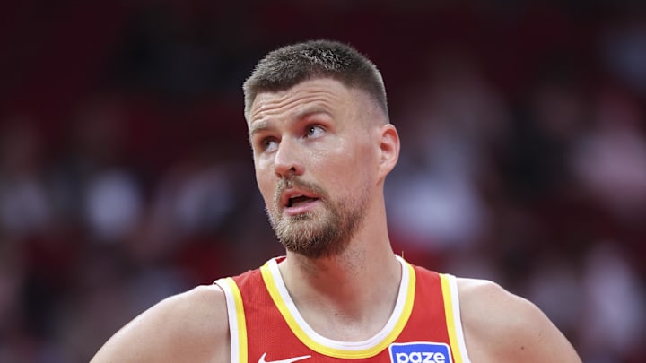 Kristaps Porzingis (8) reacts during the second quarter against the Houston Rockets at Toyota Center.