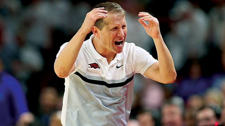 Former Arkansas coach Eric Musselman reacts to a mistake made against the Kentucky Wildcats.