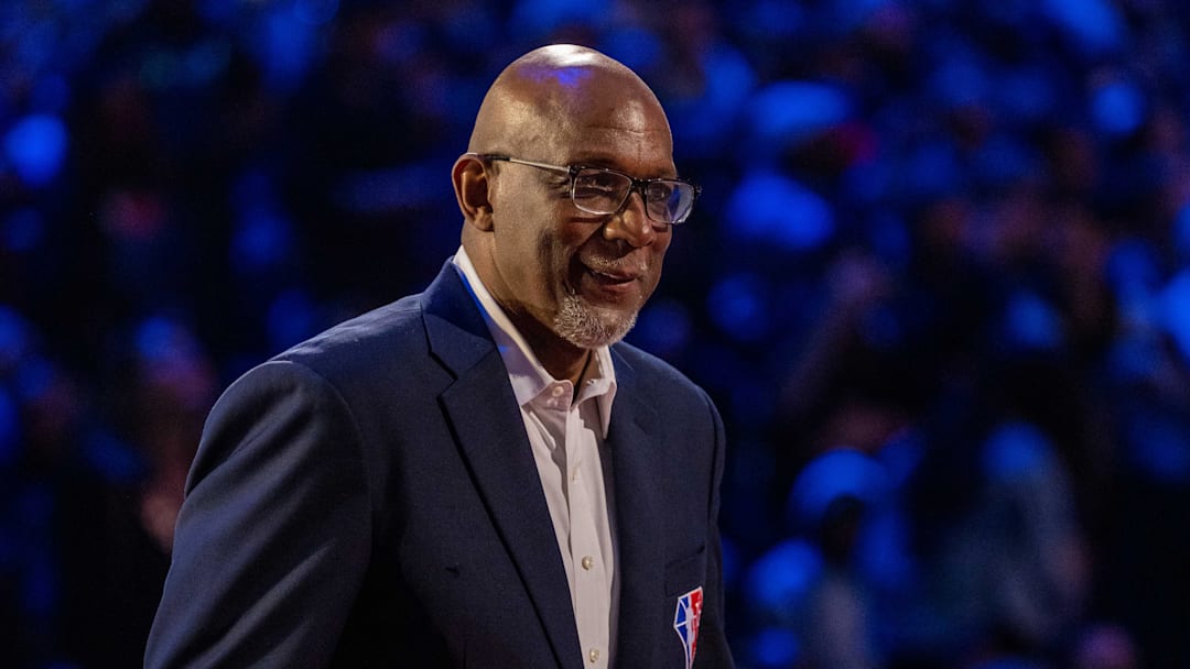 February 20, 2022; Cleveland, Ohio, USA; NBA great Clyde Drexler is honored for being selected to the NBA 75th Anniversary Team during halftime in the 2022 NBA All-Star Game at Rocket Mortgage FieldHouse. Mandatory Credit: Kyle Terada-Imagn Images