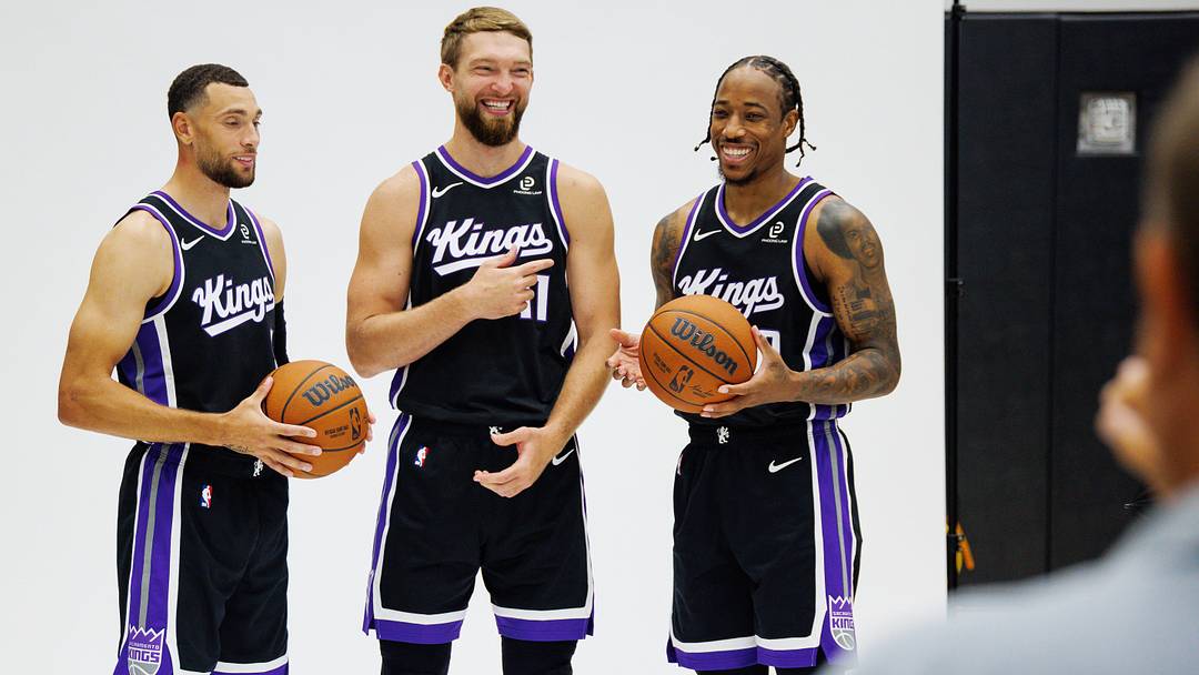 Sep 29, 2025; Sacramento, CA, USA; Sacramento Kings guard Zach LaVine (8), forward Domantas Sabonis (11), and forward DeMar DeRozan (10) pose for a photo during media day at Golden 1 Center. Mandatory Credit: Sergio Estrada-Imagn Images Sep 29, 2025; Sacramento, CA, USA; Sacramento Kings guard Zach LaVine (8), forward Domantas Sabonis (11), and forward DeMar DeRozan (10) pose for a photo during media day at Golden 1 Center. Mandatory Credit: Sergio Estrada-Imagn Images