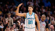 Mar 7, 2025; Charlotte, North Carolina, USA; Charlotte Hornets forward Tidjane Salaun (31) celebrates a three point basket against the Cleveland Cavaliers during the third quarter at Spectrum Center. Mandatory Credit: Scott Kinser-Imagn Images
