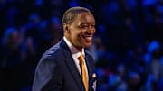 February 20, 2022; Cleveland, Ohio, USA; NBA great Isiah Thomas is honored for being selected to the NBA 75th Anniversary Team during halftime in the 2022 NBA All-Star Game at Rocket Mortgage FieldHouse. Mandatory Credit: Kyle Terada-Imagn Images