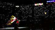 Nov 15, 2024; College Park, Maryland, USA; The Maryland Terrapins mascot waives a Maryland flag before a game against the Marquette Golden Eagles at Xfinity Center. Mandatory Credit: Daniel Kucin Jr.-Imagn Images


