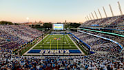 Kansas Jayhawks fans fill the stands during the game between Fresno State and Kansas at David Booth Kansas Memorial Stadium on Aug. 23, 2025.