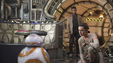 Star Wars: The Force Awakens..L to R: BB-8, Finn (John Boyega) and Rey (Daisy Ridley)..Photo: David James.. ©2016 Lucas Film Ltd. All Rights Reserved. 