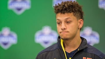 Mar 3, 2017; Indianapolis, IN, USA; Texas Tech quarterback Patrick Mahomes speaks to the media during the 2017 combine at Indiana Convention Center. Mandatory Credit: Trevor Ruszkowski-Imagn Images
