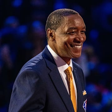 February 20, 2022; Cleveland, Ohio, USA; NBA great Isiah Thomas is honored for being selected to the NBA 75th Anniversary Team during halftime in the 2022 NBA All-Star Game at Rocket Mortgage FieldHouse. Mandatory Credit: Kyle Terada-Imagn Images