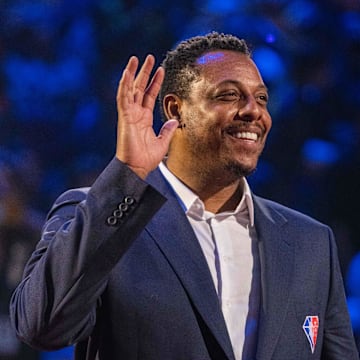 February 20, 2022; Cleveland, Ohio, USA; NBA great Paul Pierce is honored for being selected to the NBA 75th Anniversary Team during halftime in the 2022 NBA All-Star Game at Rocket Mortgage FieldHouse. Mandatory Credit: Kyle Terada-Imagn Images