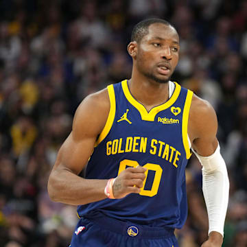 Jan 27, 2024; San Francisco, California, USA; Golden State Warriors forward Jonathan Kuminga (00) during the fourth quarter against the Los Angeles Lakers at Chase Center. Mandatory Credit: Darren Yamashita-Imagn Images
