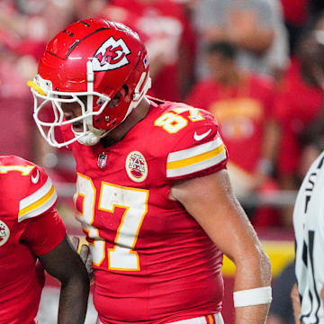 Sep 5, 2024; Kansas City, Missouri, USA; Kansas City Chiefs tight end Travis Kelce (87) celebrates with wide receiver Xavier Worthy (1) after a touchdown against the Baltimore Ravens during the second half at GEHA Field at Arrowhead Stadium. Mandatory Credit: Denny Medley-Imagn Images