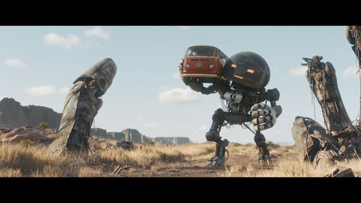 The Electric State. Herman (voiced by Anthony Mackie) provides a helping hand to Michelle (Millie Bobby Brown), Cosmo (voiced by Alan Tudyk) and Keats (Chris Pratt) in The Electric State. ™/© 2024 Netflix. Used with permission.