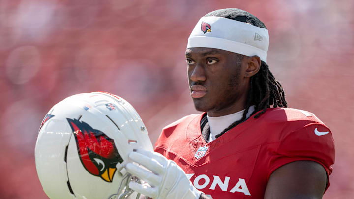 September 21, 2025; Santa Clara, California, USA; Arizona Cardinals wide receiver Marvin Harrison Jr. (18) warms up before the game against the San Francisco 49ers at Levi's Stadium. Mandatory Credit: Kyle Terada-Imagn Images