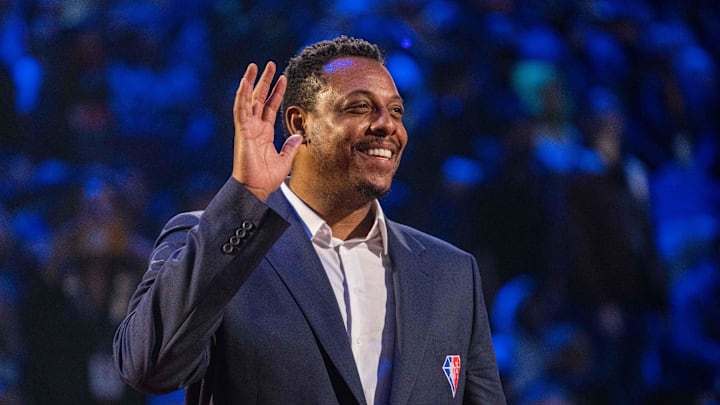 February 20, 2022; Cleveland, Ohio, USA; NBA great Paul Pierce is honored for being selected to the NBA 75th Anniversary Team during halftime in the 2022 NBA All-Star Game at Rocket Mortgage FieldHouse. Mandatory Credit: Kyle Terada-Imagn Images