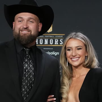 Feb 9, 2023; Phoenix, Arizona, US; Denver Broncos guard Dalton Risner Poses for a photo poses for a photo on the red carpet before the NFL Honors award show at Symphony Hall. Mandatory Credit: Kirby Lee-Imagn Images