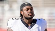 August 18, 2024; Santa Clara, California, USA; New Orleans Saints guard Tremayne Anchrum Jr. (79) before the game against the San Francisco 49ers at Levi's Stadium. Mandatory Credit: Kyle Terada-Imagn Images