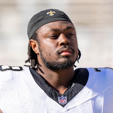 August 18, 2024; Santa Clara, California, USA; New Orleans Saints guard Tremayne Anchrum Jr. (79) before the game against the San Francisco 49ers at Levi's Stadium. Mandatory Credit: Kyle Terada-Imagn Images