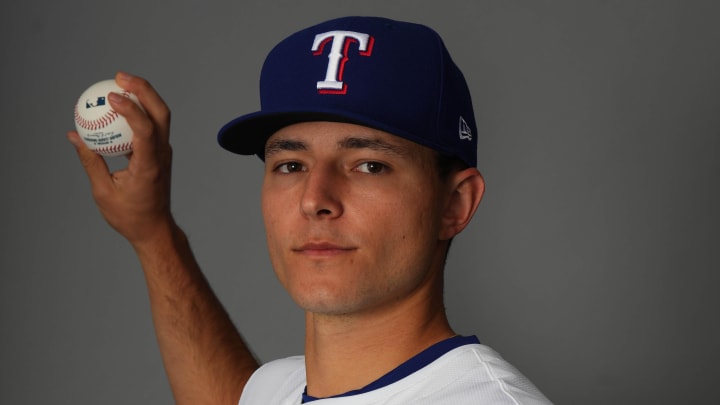 Feb 20, 2024; Surprise, AZ, USA; Texas Rangers pitcher Jack Leiter poses for a photo during Media Day at Surprise Stadium. Mandatory Credit: Joe Camporeale-USA TODAY Sports