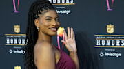 Taylor Rooks appears on the red carpet before the NFL Honors awards.