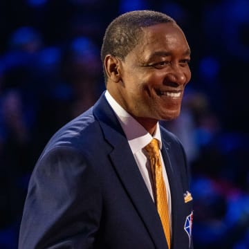 February 20, 2022; Cleveland, Ohio, USA; NBA great Isiah Thomas is honored for being selected to the NBA 75th Anniversary Team during halftime in the 2022 NBA All-Star Game at Rocket Mortgage FieldHouse. Mandatory Credit: Kyle Terada-USA TODAY Sports