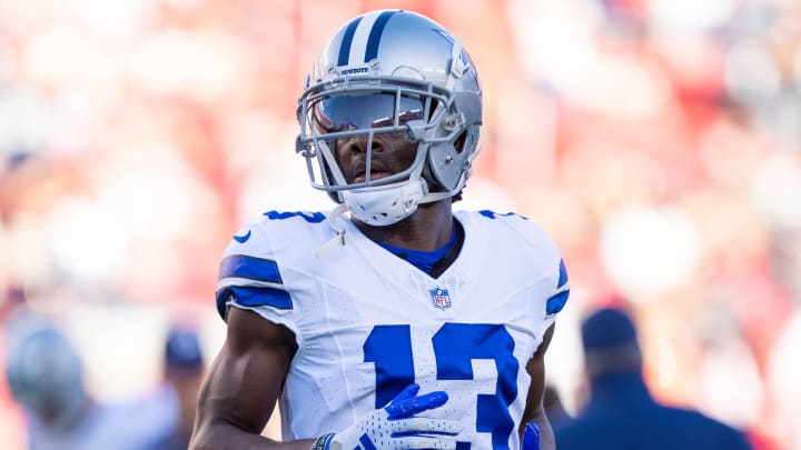 Cowboys wide receiver Michael Gallup warms up before a game against the 49ers at Levi's Stadium.