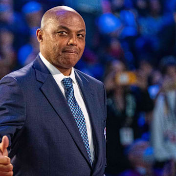 February 20, 2022; Cleveland, Ohio, USA; NBA great Charles Barkley is honored for being selected to the NBA 75th Anniversary Team during halftime in the 2022 NBA All-Star Game at Rocket Mortgage FieldHouse. Mandatory Credit: Kyle Terada-Imagn Images