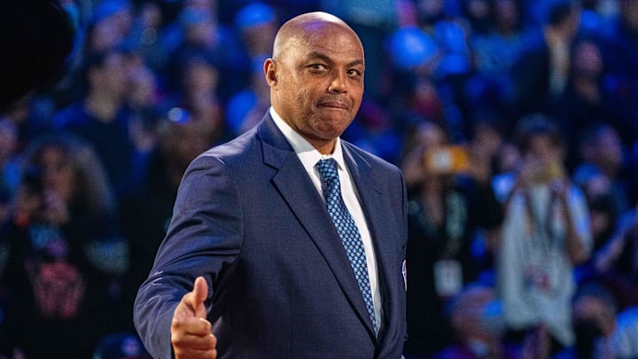 February 20, 2022; Cleveland, Ohio, USA; NBA great Charles Barkley is honored for being selected to the NBA 75th Anniversary Team during halftime in the 2022 NBA All-Star Game at Rocket Mortgage FieldHouse. Mandatory Credit: Kyle Terada-Imagn Images