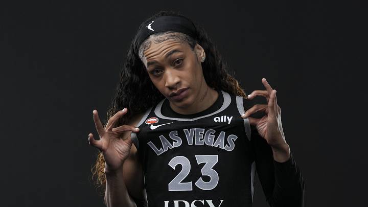 Apr 28, 2026; Las Vegas, NV, USA; Las Vegas Aces guard Chennedy Carter (23) poses for a photo during the 2026 Las Vegas Aces Media Day.Mandatory Credit: Lucas Peltier-Imagn Images